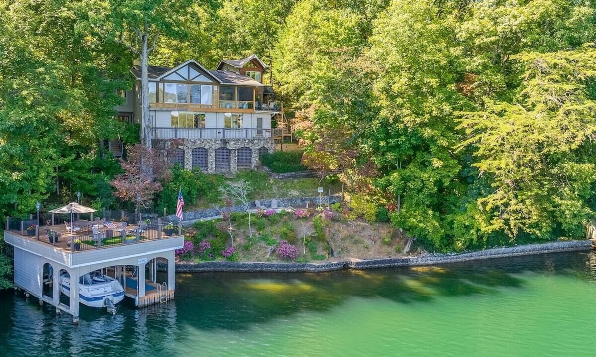 Clarkesville House | Luxury 5BR Lake Burton home with dock, game room, and lakeside views.