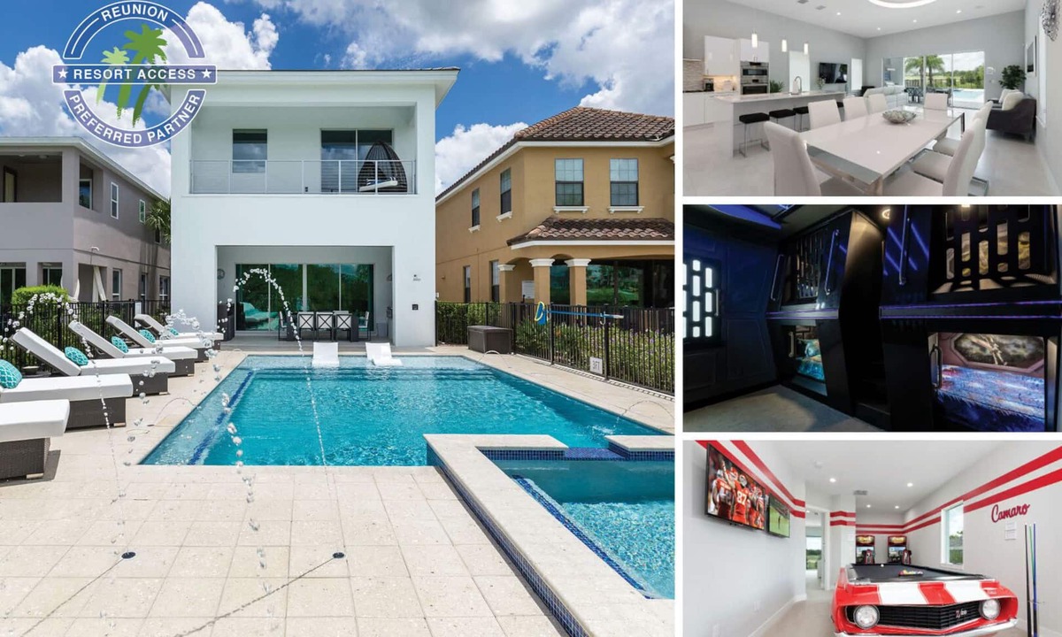 Reunion Villa | Modern Luxury Villa | 5BR, 5 Bath Luxe Home w/Private Pool, Arcade, and Theater Near Disney