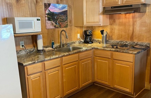 Branson Cottage | Buffalo River Cabin has 1 bedroom with queen size bed, 1 twin bunk bed in hallway, 1 futon in main l