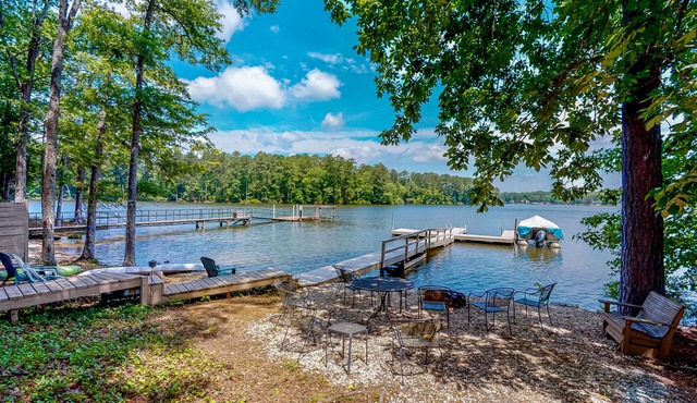 Lakefront dream with serene view, private dock, foosball, firepit - dog-friendly